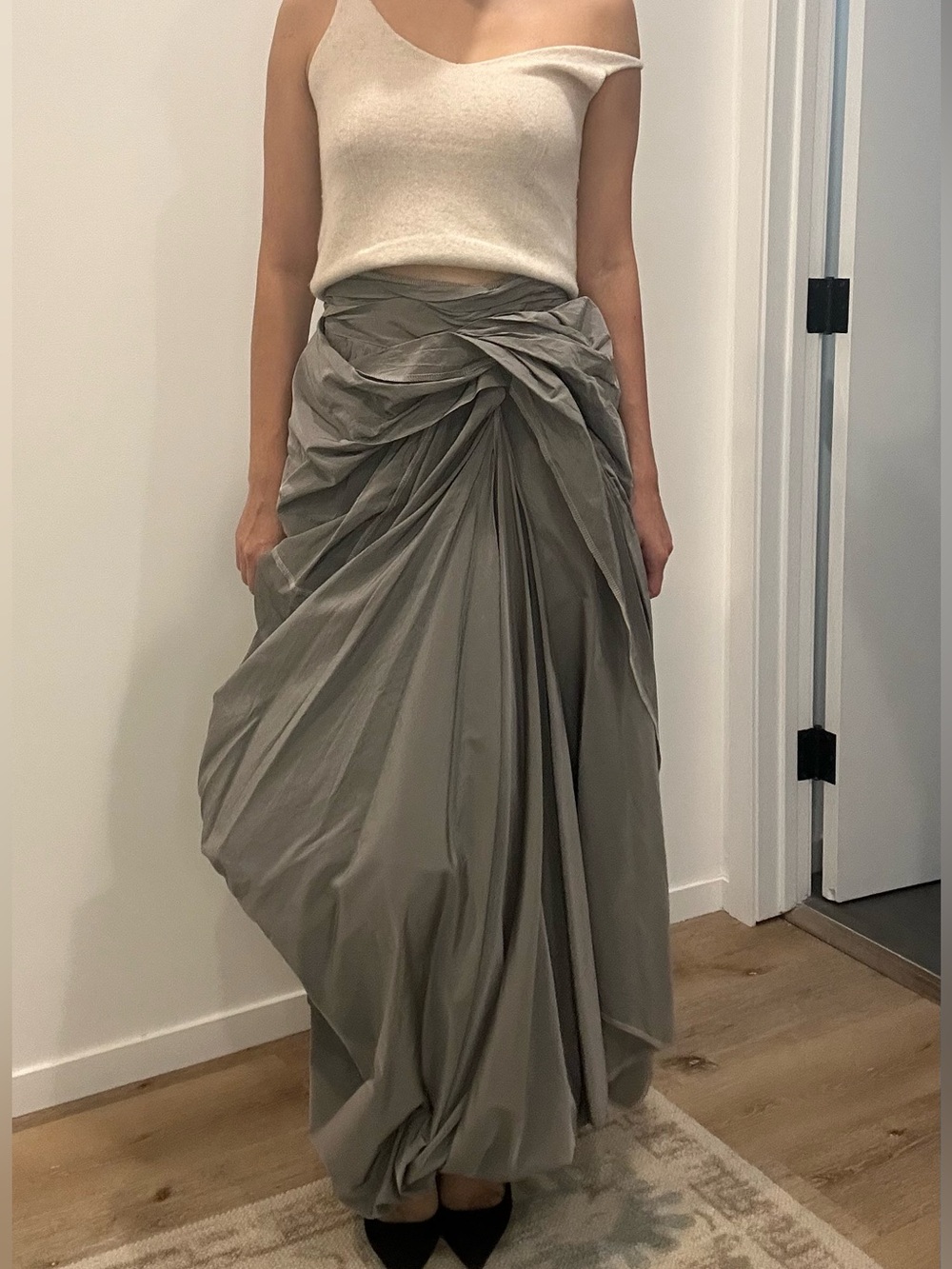 Avant-Garde Draped Gray Maxi Skirt | Sculptural Asymmetrical Design